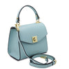 Angled View Of The Light Blue Small Leather Shoulder Bag