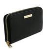 Angled View Of The Black Zipper Wallet For Women