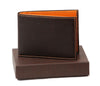 Front View Of The Dark Brown Internal Orange Designer Mens Leather Wallet