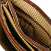 Internal Pen Pocket View Of The Brown Leather Laptop Briefcase Of The 4 Wheeled Luggage And Leather Laptop Briefcase Set