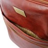 Front Pocket View Of The Brown 4 Wheeled Luggage Trolley Bag Of The 4 Wheeled Luggage And Leather Laptop Briefcase Set