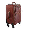 Angled View Of The Brown 4 Wheeled Luggage Trolley Bag Of The 4 Wheeled Luggage And Leather Laptop Briefcase Set