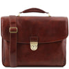Front View Of The Brown Leather Laptop Briefcase Of The 4 Wheeled Luggage And Leather Laptop Briefcase Set