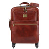 Front View Of The Brown 4 Wheeled Luggage Trolley Bag Of The 4 Wheeled Luggage And Leather Laptop Briefcase Set