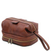 Angled View Of The Toiletry Bag Of The Brown Leather Travel Duffle Bag and Mens Toiletry Bag Leather Set