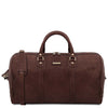 Front View Of The Travel Bag Of The Dark Brown Leather Travel Duffle Bag and Mens Toiletry Bag Leather Set
