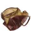 Left Angled Opening And Closing Zipper View Of The Brown Leather Duffle Bag Large