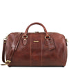 Front View Of The Brown Leather Duffle Bag Large