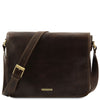 Front View Of The Dark Brown Leather Laptop Messenger Bag
