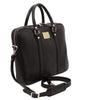 Angled And Shoulder Strap View Of The Black Ladies Leather Laptop Case