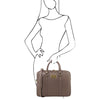 Woman Posing With The Dark Taupe Ladies Leather Laptop Case