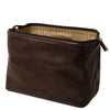 Open View Of The Dark Brown Leather Wash Bag