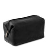 Angled View Of The Black Small Leather Toiletry Bag