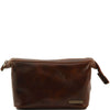 Front View Of The Brown Leather Wash Bag