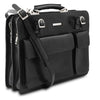Angled And Shoulder Strap View Of The Black Professional Leather Bag