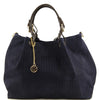 Front View Of The Dark Blue Woven Leather Shoulder Bag