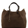 Front View Of The Dark Taupe Woven Leather Shoulder Bag