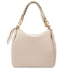 Womens Leather Shopping Bag and Zip Around Wallet Set featuring a stylish beige leather bag with braided handle and gold accents.