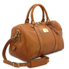 Angled View Of The Natural Aristocratic Voyager Leather Duffle Bag Small