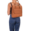 Woman Posing With The Cognac Backpack Handbag