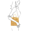 Woman Posing With The Pastel Yellow Backpack Handbag
