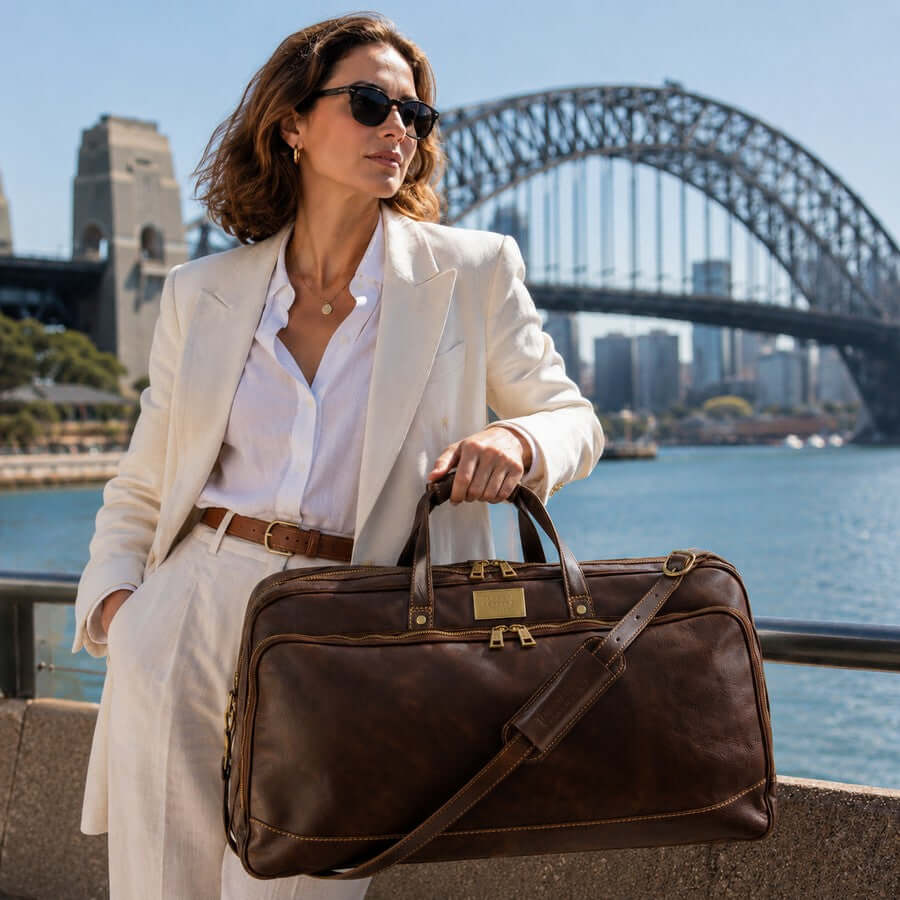 Woman carrying a large dark brown leather travel bag near Sydney Harbour