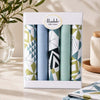 Retro Cotton Handkerchiefs - 5 Pack Gift Box featuring geometric and solid designs in green and blue.