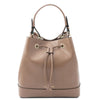 Front View Of The Taupe Bucket Handbag