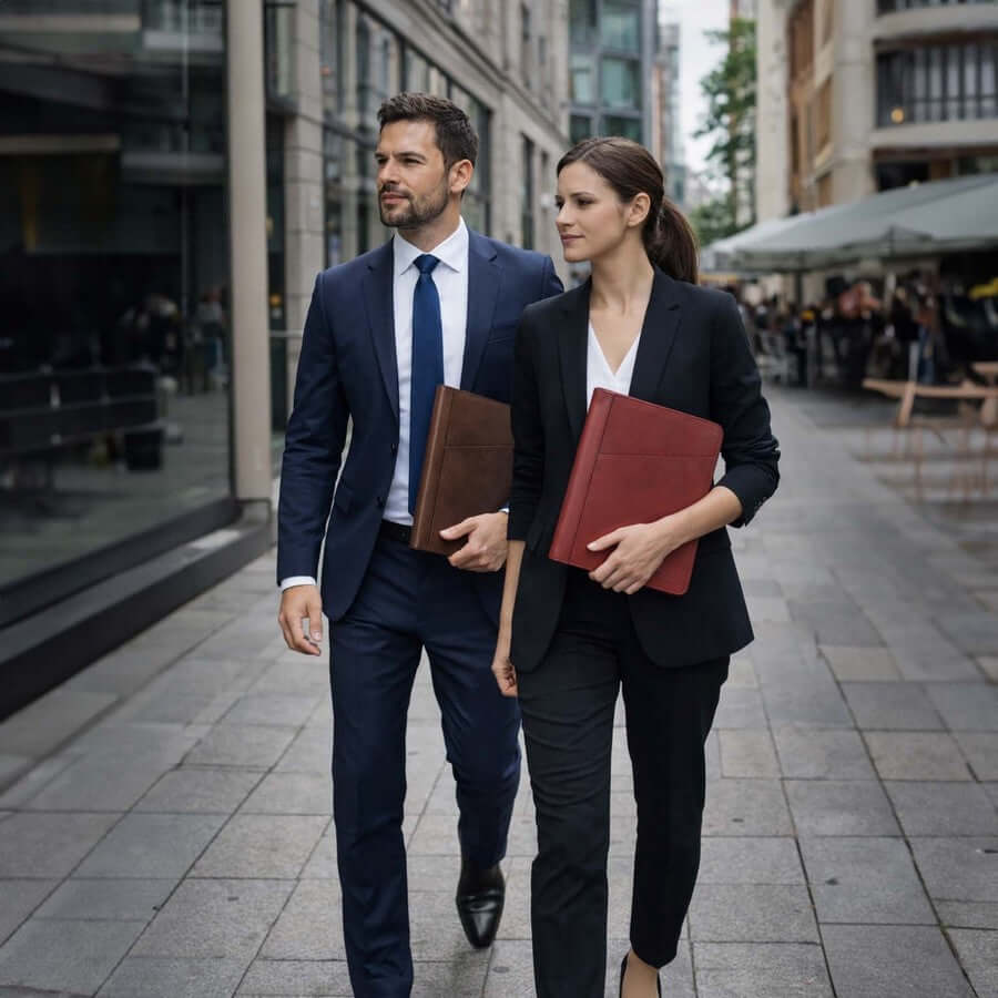 Business partners walking together with brown and red leather compendiums