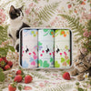 Handkerchief Ladies Gift Tin featuring three colorful handkerchiefs with black cats, surrounded by flowers and strawberries.
