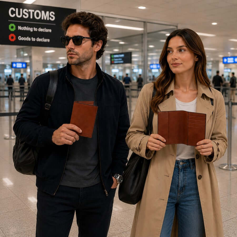 Couple travelling with leather passport covers as a Christmas travel gift