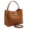 Angled And Shoulder Strap View Of The Cognac Italian Leather Bag