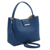 Angled And Shoulder Strap View Of The Dark Blue Italian Leather Bag