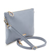 Angled And Shoulder Strap View Of The Light Blue Clutch