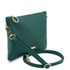 Angled And Shoulder Strap View Of The Teal Clutch