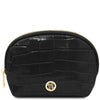 Croc Embossed Leather Cosmetic Case in black with gold-tone hardware and zip closure