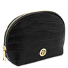 Croc Embossed Leather Cosmetic Case in black with gold-tone hardware and zip closure.