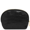 Croc Embossed Leather Cosmetic Case in black with gold-tone zipper, showcasing elegant design and embossed leather texture.