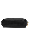 Croc Embossed Leather Cosmetic Case shown from the side, featuring a sleek black design and gold-tone zipper.