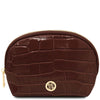 Croc Embossed Leather Cosmetic Case in coffee with gold-tone hardware and embossed crocodile pattern