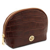 Croc Embossed Leather Cosmetic Case in coffee with gold-tone hardware and zip closure.