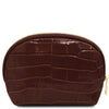 Coffee Croc Embossed Leather Cosmetic Case with gold-tone zipper, ideal for stylish organization.