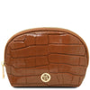 Croc Embossed Leather Cosmetic Case in cognac with gold-tone hardware and zip closure.