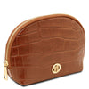 Croc Embossed Leather Cosmetic Case in cognac with gold-tone hardware and zip closure.