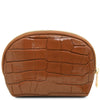 Croc Embossed Leather Cosmetic Case in cognac with zip closure and textured design