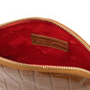 Interior view of Croc Embossed Leather Cosmetic Case featuring red lining and zip closure.