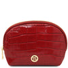 Croc Embossed Leather Cosmetic Case in red with gold-tone hardware and zip closure.