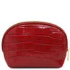 Croc Embossed Leather Cosmetic Case in vibrant red with gold-tone zipper and semi-rigid design.