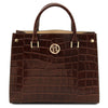 Front View Of The Coffee Croc Print Handbag