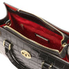 Overhead Internal Zip Pocket View Of The Black Croc Print Handbag